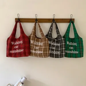 Autumn winter woolen plaid tote bag vintage casual shopping bag stylish shoulder bag for women