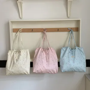 Borsa a tracolla a quadri con fiocco grande capacita tote bag casual in tela da donna
