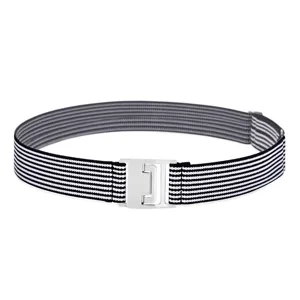 Elastic stretch belt for women, invisible buckle-free design, black and white striped.