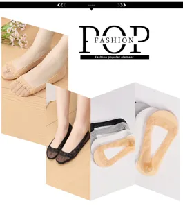 Detail view of women summer lace invisible boat socks with anti-slip silicone and cotton sole.