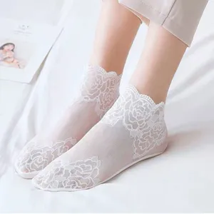 Women white sheer lace ankle socks spring summer sweet floral mesh short hosiery daily wear