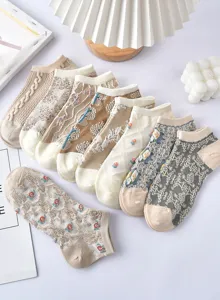 Women vintage floral short socks Japanese style low cut boat socks breathable cotton thin.