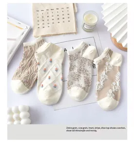 Vintage floral low-cut socks, spring summer thin trendy Japanese style short boat socks.