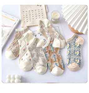 Women vintage low cut short socks thin breathable floral print casual ankle socks pack