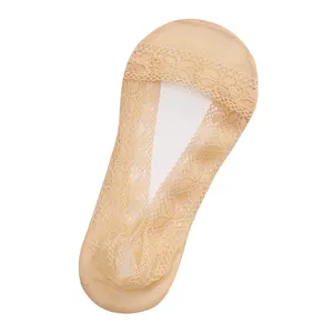 Women summer lace invisible boat socks with cotton bottom and non slip silicone grip main.