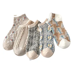 Women vintage low cut boat socks retro cute floral knit short socks summer 5pairs