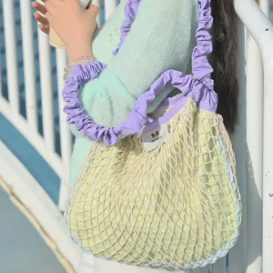 Cute dopamine mesh shoulder bag, purple ruffle drawstring handles and plaid inner bag.