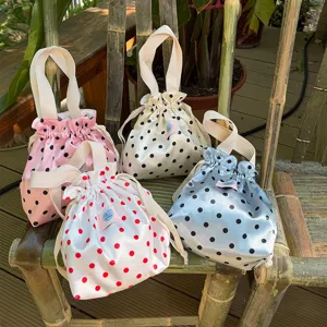 Bolso de Mano de Raso de Poliéster De Lunares Con Cordón para Mujer Asa de Cinta Dulce Tote Portátil Monedero Combinación Diaria
