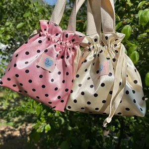 Bolso mano cordón satén lunares primavera, bonito bolso hombro portátil con asas de tela.