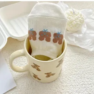Women summer thin white low-cut boat socks with cute cartoon bear pattern, sweet and breathable.