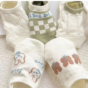 Cute knit short socks detail, breathable cotton summer boat socks with sweet cartoon patterns.