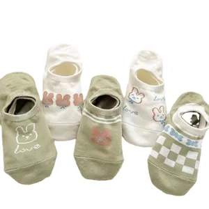 Summer women low cut invisible boat socks with cute cartoon bunny and sweet green white style.