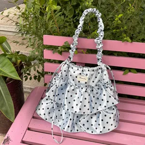 Bolso de mano satén azul claro con lunares bolsa de hombro con volantes estilo dulce chic
