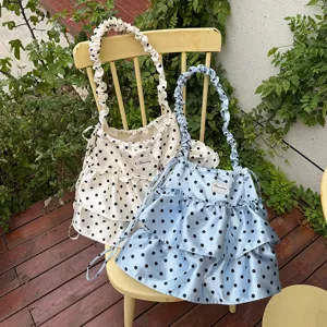 Bolso de cordón de satén de lunares dulce con volantes lindos, bolso de hombro de moda.