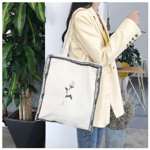 Mπεζ τσάντα shopper από καμβά με τύπωμα τριαντάφυλλου σικ ρετρό τσάντα ώμου καθημερινής χρήσης