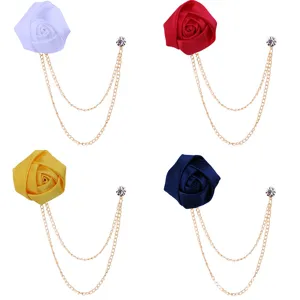Fabric rose flower brooch with double metal chains and rhinestone pin for men suit party.