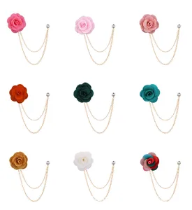 Fabric rose flower brooch with double chain tassel, elegant suit lapel pin for men wedding.