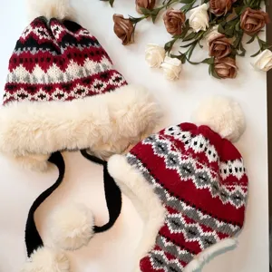 Women Winter Thickened Warm Plush Knit Hat Scarf Set Cute Bear Ear Pom Pom Beanie Hat Windproof Cold Weather Outdoor Riding Cap