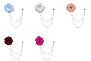 Elegant fabric rose flower lapel pin with double hanging chains for men suit decoration.