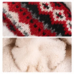 Winter thickened knitted hooded scarf with cozy plush lining, geometric pattern warm hat.