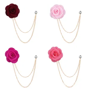 Men fashion fabric rose brooch with double metal chains and rhinestone decor set of 4 colors