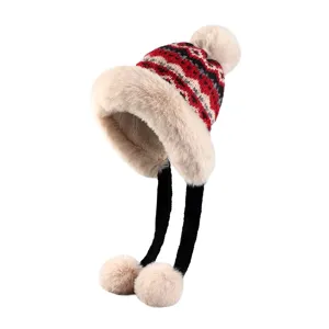 Winter plush knit hat for women, thickened warm earflap cap with cute pom-poms and hanging strings.