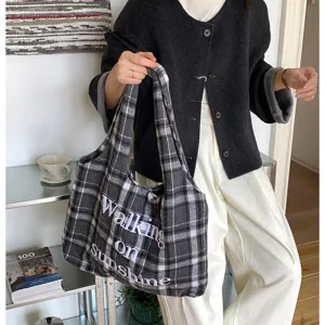 Chic plaid woolen tote bag with stylish embroidery, perfect casual shoulder bag for women.