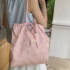 Borsa tote a quadri rosa con coulisse a fiocco, borsa a spalla capiente casual per le donne.