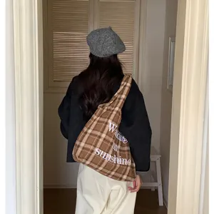 Autumn winter woolen plaid embroidered shoulder tote bag vintage casual shopping bag women