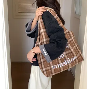 Autumn winter plaid wool tote bag retro simple embroidered shoulder bag casual shopping handbag