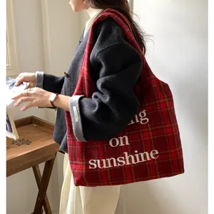 Winter wool plaid tote bag vintage casual shoulder shopping bag with cute embroidery.