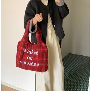 Autumn winter plaid embroidered tote bag retro casual shoulder bag for women daily shopping