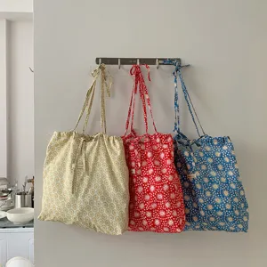 Borsa a Spalla Casual in Misto Poliestere Cotone a Quadretti Borsa Tote con Stampa a Girasole Capiente con Coulisse e Fiocco per Donna