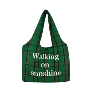 Green plaid woolen tote bag for women, vintage embroidered vest shopping bag, autumn winter chic.