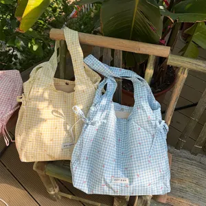Leuke ruitjes strik canvas shopper, grote casual schoudertas voor dagelijks gebruik.