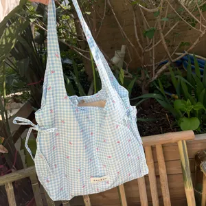 Lente zomer blauwe ruitjes strik shopper tas, grote capaciteit schattige casual tasje.