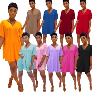 Women casual solid V-neck batwing split top and shorts lounge set multi color details.