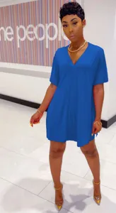 Solid V-neck short sleeve casual blue dress detail view, showcasing comfortable fashion style.