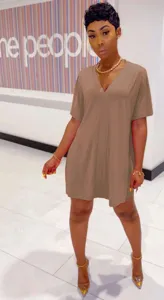 Casual solid V-neck short sleeve loose top shorts set for women summer daily wear.