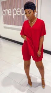 Women solid color V-neck batwing sleeve top and shorts casual two piece set red summer outfit