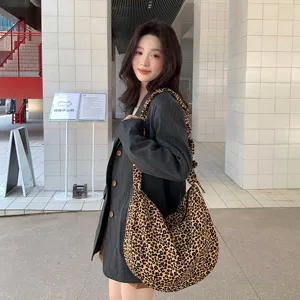 Retro Corduroy Luipaardprint Crossbody Croissant Tas Vrouwen Grote Capaciteit Geplooide Koord Schoudertas Hobo Tas Woon-werkverkeer