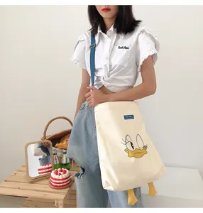 Cute cartoon canvas shoulder bag with large capacity, casual tote bag with unique duck design.