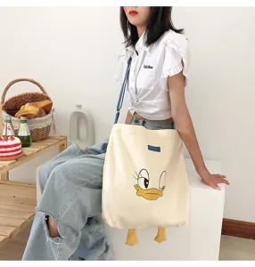 Cute cartoon duck canvas tote bag large capacity shoulder bag casual handbag for women