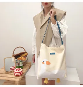 Cute big mouth duck canvas tote bag large capacity shoulder bag casual contrast color casual