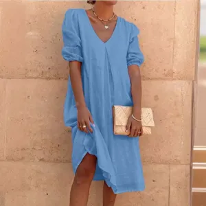 Vestido midi de lino holgado con cuello en V liso casual para mujer con mangas abullonadas.