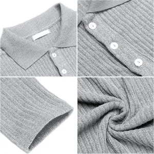Gedetailleerd overzicht van heren langmouw gebreid poloshirt met fijne ribbeltextuur.