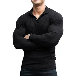 Heren lange mouw geriband slim fit polo effen casual sport spier top kleding.