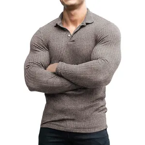 Heren geribbelde lange mouw polo shirt casual slim fit sport fitness top comfortabel.