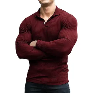 Gedetailleerd overzicht van heren geribbelde shirt met lange mouwen in bordeaux slim fit.
