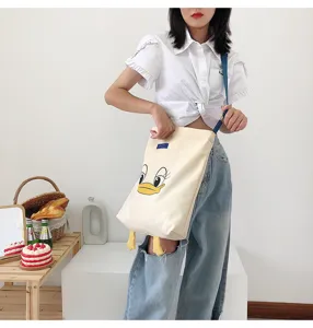 Canvas shoulder bag casual large capacity cute duck design contrast color tote handbag for women